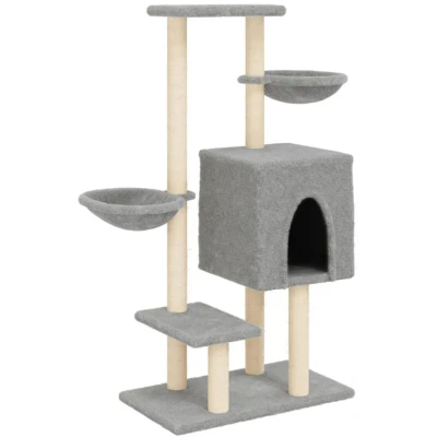 Image of vidaXL Light Grey Cat Tree Tower with Sisal Scratching Posts, Basket Beds &amp; Climbing Platforms, Engineered Wood Plush, 83x48x117cm