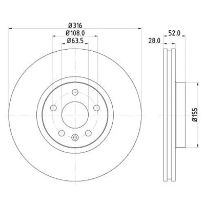 Image of 30769061, 31400764 Brake disc HELLA PRO High carbon 8DD 355 129 511 316mm 28mm 05/06 108mm Externally Vented Coated VOLVO: V60 I, S80 II