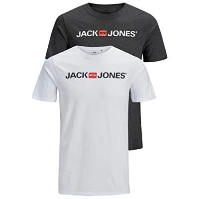Image of JACK &amp; JONES Men&#039;s JJECORP LOGO TEE SS CREW NECK, Dark Grey Melange/2 PACK W. WH, XXXL