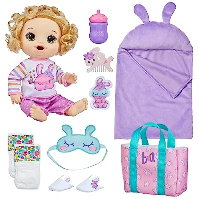 Image of Baby Alive Bunny Sleepover Doll, Bedtime Themed 12 Inch Dolls, Sleeping Bag &amp; Doll Accessories, Toys for 3 Year Old Girls and Boys Up, Blonde Hair (Amazon Exclusive)