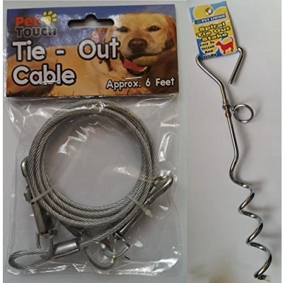 Image of Dog 6ft Garden Tie Out Cable Pet Lead Strong Wire with Spiral Ground Stake Spike (Silver)