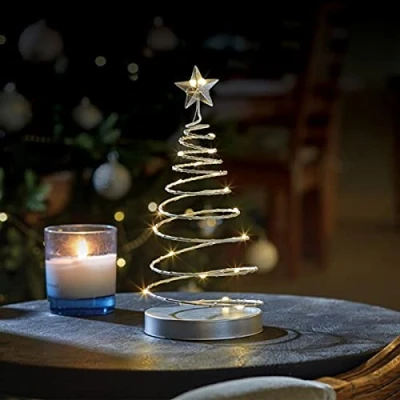 Image of Marco Paul Interiors Traditional Silver Spiral Tree Light Christmas Decorations with LEDs Battery Operated Pre Lit Standing Table Centrepiece Ornaments Festive Up Xmas Decor