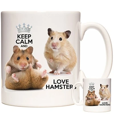 Image of Hamster Mug. Keep Calm and Love Hamsters. White Ceramic Mug Featuring Images of Hamsters on Both Sides