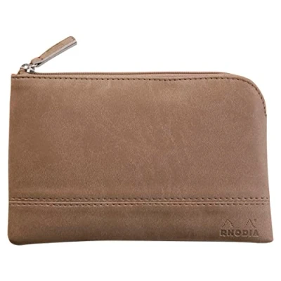 Image of RHODIA 116525C Faux Leather Zipped Pouch Taupe Size S (11x17 cm) Real Stitching Orange Fabric Interior Storage for Documents, Small Supplies