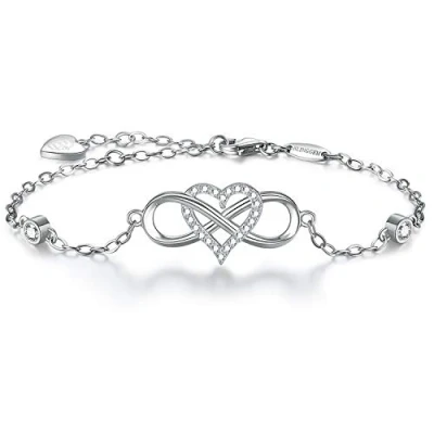 Image of BlingGem Women 18ct White Gold Plated 925 Sterling Silver Round Cubic Zirconia Infinity Heart Bracelet Symbol “Together Forever “Chain Adjustable