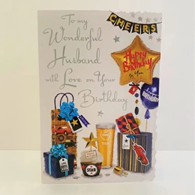 Image of Jonny Javelin Wonderful Husband Birthday Card Presents Balloons Beer Cupcake