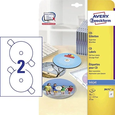 Image of Avery Zweckform J8676 50 CD Labels (Pack of 25 Sheets, Quick Drying, Ø 117 mm Sheets White)