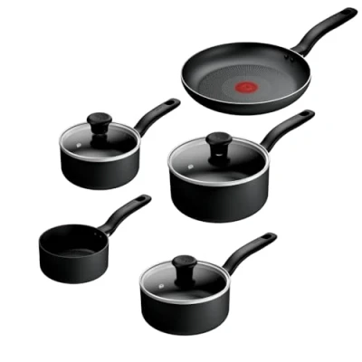 Image of Tefal Titanium Essential 5pc Set: Saucepan 16/18/20 cm + Lids, Milkpan 14cm &amp; Frying pan 24 cm, High Performance Non Stick Coating, Metal Spatula Safe, All Hobs excluding Induction, B941S544
