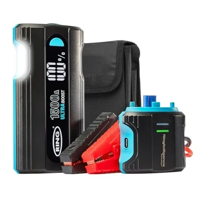 Image of Ring Automotive ULTRABOOST 1500A 12V Car Battery Jump Starter 12000mAh Safely Starts 6L Petrol and 3L Diesel PD60W Fast Charge USB Power Pack, LED Torch, Black