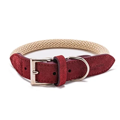 Image of HUGO &amp; HUDSON Luxury Dog Collar Round Rope and Leather with Adjustable Metal Buckle, Burgundy 65cm
