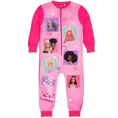 Image of Barbie Girls Onesie In Pink All One Fleece Pyjama Loungewear Diverse Toy Doll &amp; Logo Nightwear PJs Kids Jumpsuit Sleepsuit Movie Overall Romper Merchandise Gift for Her
