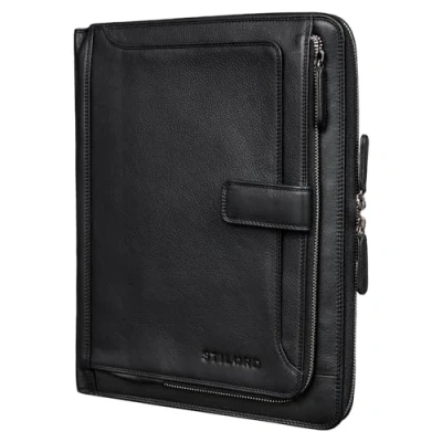 Image of STILORD &#039;Colby&#039; Leather Document Holder A4 Conference Folder Vintage Business Case for 12 Inch Tablets File Organizer Writing Pad Portfolio, Colour:Black