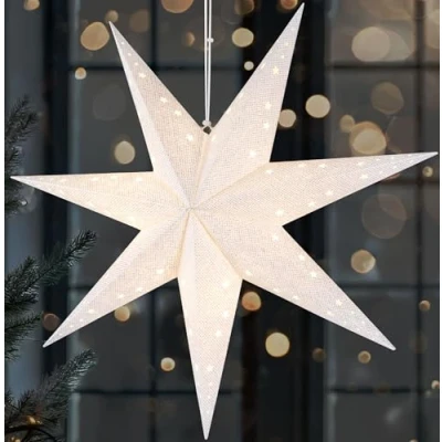 Image of BRUBAKER LED Christmas Star to Hang 23.6 inches (60 cm) Paper with 7 Tips 3D Advent Battery Powered, Hanging and Illuminated Window Deco Light White
