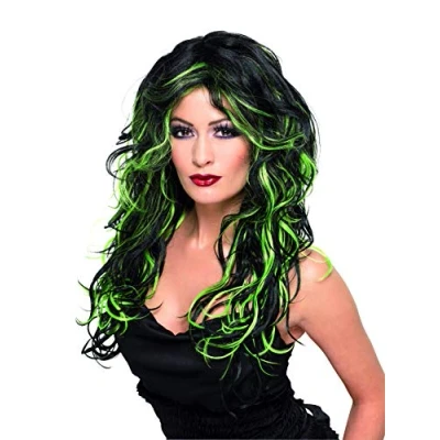 Image of Smiffys Gothic Bride Wig, Green &amp; Black Long Streaked, Halloween Fancy Dress Accessory, Up Wigs