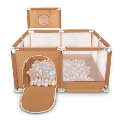 Image of Selonis Square Play Pen Filed with 100 Balls Basketball, Beige:Pastel Beige/Pastel Blue/White
