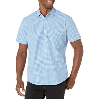 Image of Amazon Essentials Men&#039;s Regular Fit Short Sleeve Poplin Shirt, Blue Gingham, XS