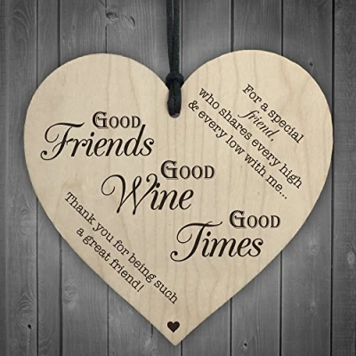 Image of RED OCEAN Good Friends Wine Times Wooden Hanging Heart Friendship Alcohol Plaque