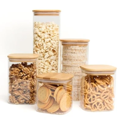 Image of Livabl Pantry Organisation Bamboo Glass Jars with Lids, Storage Jars, Lids Airtight, Jar, Pasta &amp; Canisters (5 Pack Various)