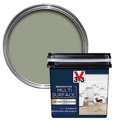 Image of V33 Renovation Multi Surface Paint Khaki Green 750ml Direct to 20 Surfaces Including Wood, Tiles &amp; Metal Resistance Water, Stains Impact High Coverage Washable Easy Maintenance