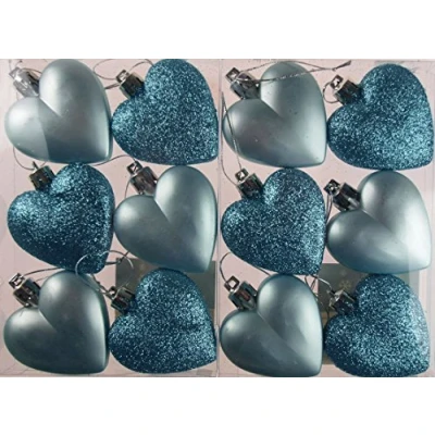 Image of Set Of 12 Glitter Love Hearts Christmas Tree Baubles Decorations Ice Blue