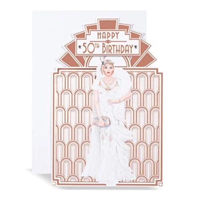 Image of Art Deco Lady Age 50 Glittered 50th Birthday Card with Gem Detail