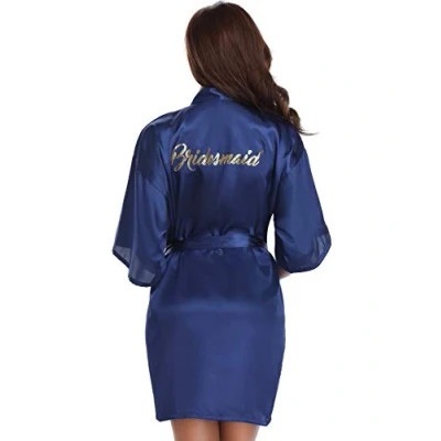 Image of Vlazom Bride Bridesmaid Robes Satin Bridal Party Robe Dressing Gwons, Morning of Wedding Day Robes, Glitter Kimono Bathrobe Dark Blue for M(UK 8 10)