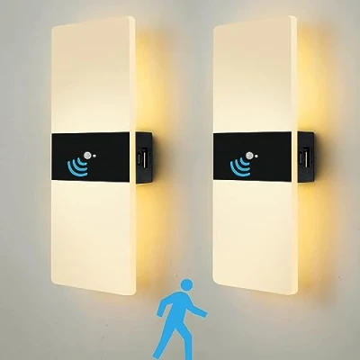 Image of VOMI Battery Operated LED Wall Lights with Motion Sensor, Cordless Sconces USB Rechargeable Powered Magnetic Lamps Bedside Set of 2, Warm White 3000K