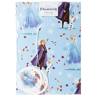 Image of UK Greetings Disney Frozen Wrapping Paper for Birthday, Girls 2 Sheets and Tags Cartoon Design with Anna, Elsa Olaf