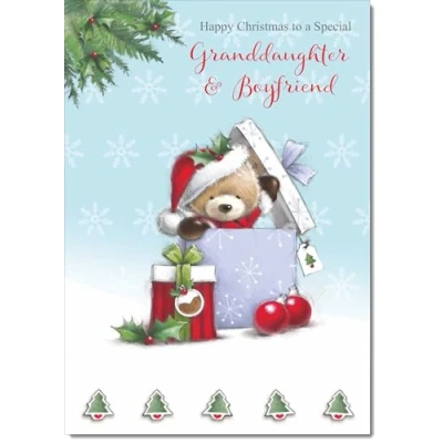 Image of doodlecards Granddaughter and Boyfriend Christmas Card Cute Bear Parcel Medium Size for &amp; with Plain Envelope