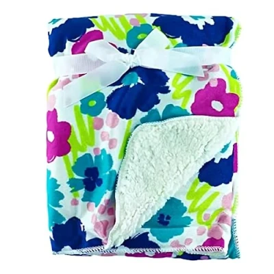 Image of Baby Blanket for Newborn Fleece Soft Sherpa Fur Back Cot Bed Swaddle Pram Shawl Wrap Toddler Floral Girl