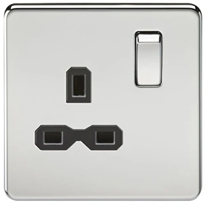 Image of KnightsBridge 1G DP 13A 230V Screwless Polished Chrome UK 3 Pin Switched Electrical Wall Socket Black Insert