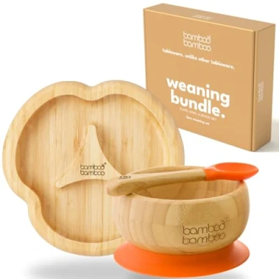 Image of Bamboo Baby Plate &amp; Bowl Weaning Set, Suction and for Feeding Weaning, Divider Plate, Toddler Spoon, Plates Babies from 6 Months (Orange)