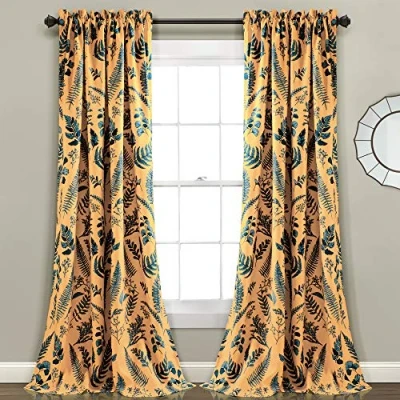 Image of Lush Decor Devonia Allover Light Filtering Window Curtain Panel Pair, 52&quot; W x 95&quot; L, Yellow &amp; Blue