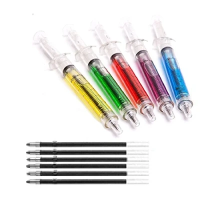 Image of 5 Novelty Syringe Pens with Mixed Barrel Colours Extra Refills Ideal for Nurses, Costumes, Fancy Dress, Halloween