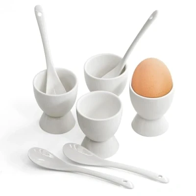 Image of 8 Piece Breakfast Set 4 x Egg Cup Holders &amp; Spoons White Porcelain Ceramic