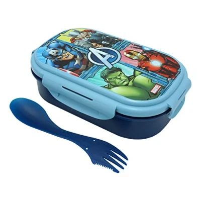 Image of HOVUK Marvel Avengers Lunch Box with Spork, Two Compartment Lunchbox Cutlery Set for Kids, 20cm Food Container School Gift Boys