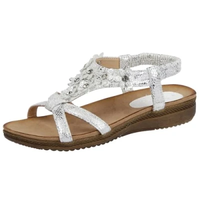 Image of Jo &amp; Joe Womens Low Wedge Sandals Diamante Floral Holiday Ladies Adjustable Silver 4