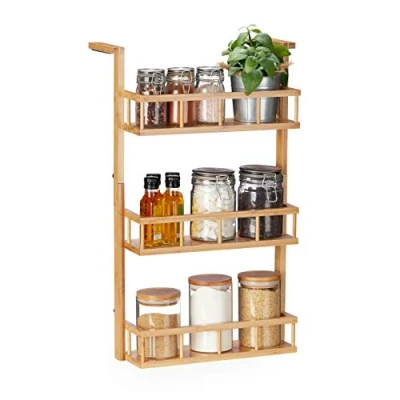 Image of Relaxdays Hanging &amp; Standing Spice Rack Kitchen Cabinet Countertop 3 Tier Bamboo Organiser Natural 1 Piece