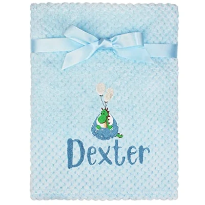 Image of Personalised Dinosaur Baby Blue Embroidered Waffle Blanket