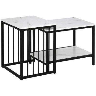 Image of HOMCOM Modern Coffee Table Set of Two, Marble Effect Nesting Side Tables with Steel Frame for Living Room, White and Black