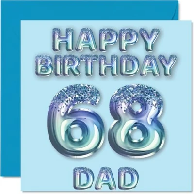 Image of 68th Birthday Card for Dad Blue Glitter Party Balloons Happy Cards 68 Year Old Father from Son Daughter, 145mm x Bday Greeting Gift