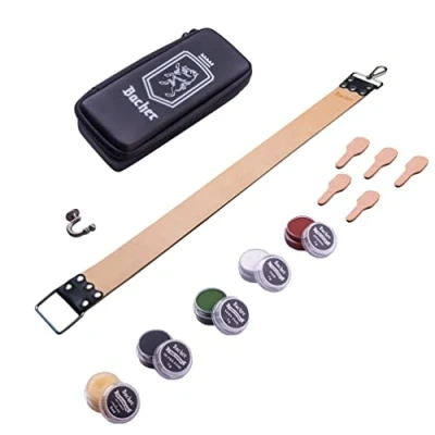 Image of BACHER Shaving Strop with Honing Compounds Premium Set Leather Razor Sharpener, Sharpening Compound and Case (Long: 66x5 cm) Manual Accessories