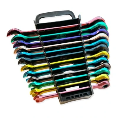 Image of Autojack 12 Piece Ratchet Spanner Colour Coded Combination Set with Storage Rack Multi Coloured