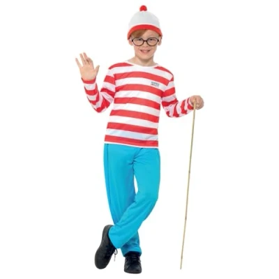 Image of Smiffys Where&#039;s Wally Costume, Childrens Red &amp; White Top, Trousers, Hat Glasses, Official License Outfit with Elasticated Waist Iconic Logo, Perfect Themed Parties or World Book Day Halloween