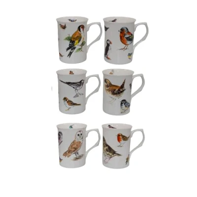 Image of (Item 3C) Kirsty Jayne China 10Fl oz Bone British Birds Set of 6 Beakers, Mugs Gift Boxed
