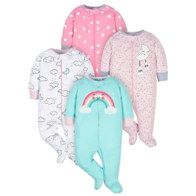 Image of Gerber Baby Girls 4 Pack Sleep &#039;N Play Footie Cloudy 3 6 Months
