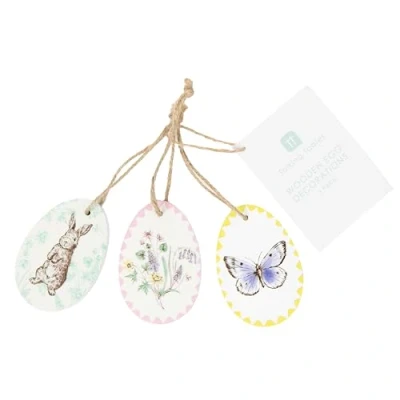 Image of Talking Tables Easter Tree Hanging Decorations Wooden Egg Decs Decs, Floral Design, Rabbit, Hand Illustrated, Ornament 3 Pack, Mint