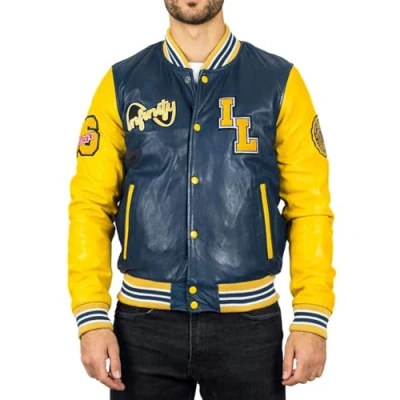Image of TruClothing Men&#039;s Navy Blue Genuine Leather Bomber Jacket Baseball Letterman Coat M