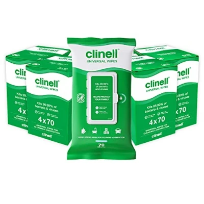 Image of Clinell Universal Cleaning and Disinfecting Wipes for Home Pack of 16 70 XL per (1120 Wipes) with Moisture Lock Lid Kills 99.99% Germs, Antimicrobial, Quick Action