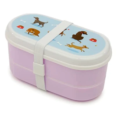 Image of Puckator Catch Patch Dog Stacked Bento Box Lunch for Adults and Kids with Compartments Fork &amp; Spoon Snack Food Containers Lids Stackable Pots Meal Prep